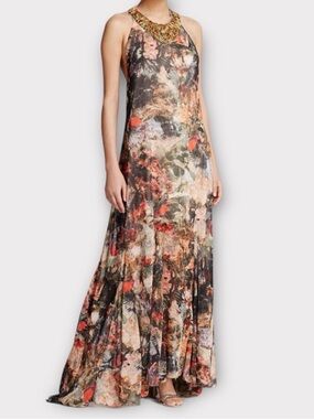 Alice + Olivia Halter Maxi Dress in Coral, Olive & Black Floral